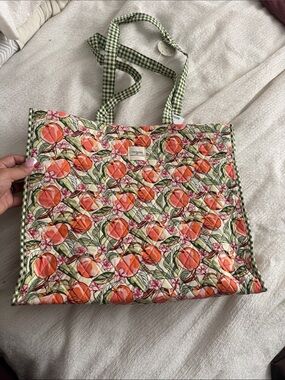 Vera Bradley Orange Floral Quilted Tote w/ Green Gingham Straps limited edition